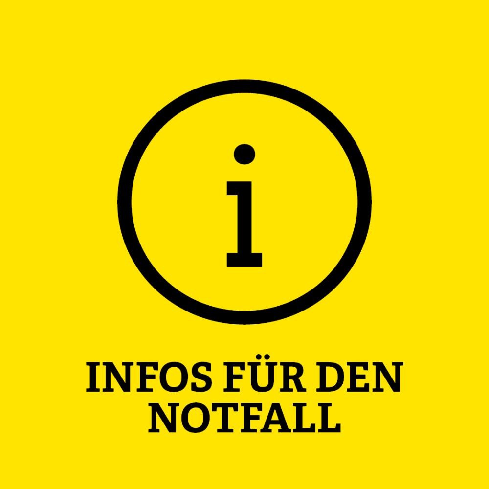Gelbe Kachel mit Aufschrift Infos für den Notfall